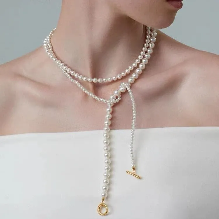 Gradient Pearl Long OT Clasp Necklace Sweater Necklace