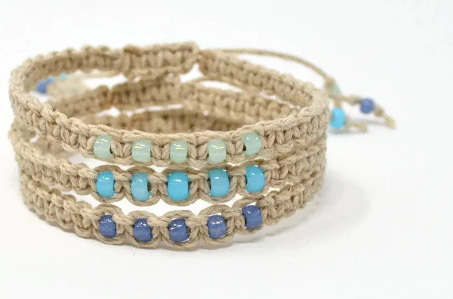 Hemp Macrame Bracelets Set - Stack of Bracelets. Blue Bracelet Set. Beach Holiday Jewellery. Stacking Bracelets