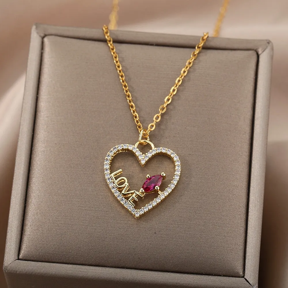 Hollow Out Peral Heart Necklace For Mother Kids Stainless Steel Chain