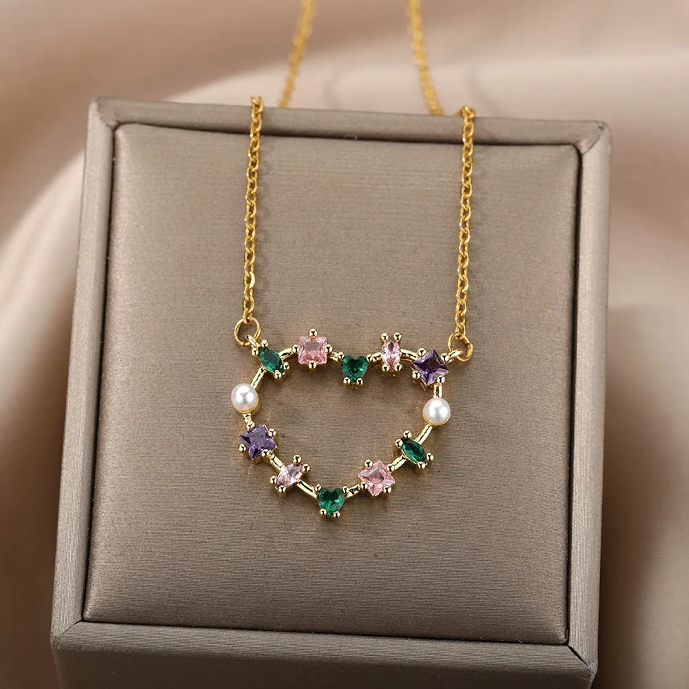 Hollow Out Peral Heart Necklace For Mother Kids Stainless Steel Chain