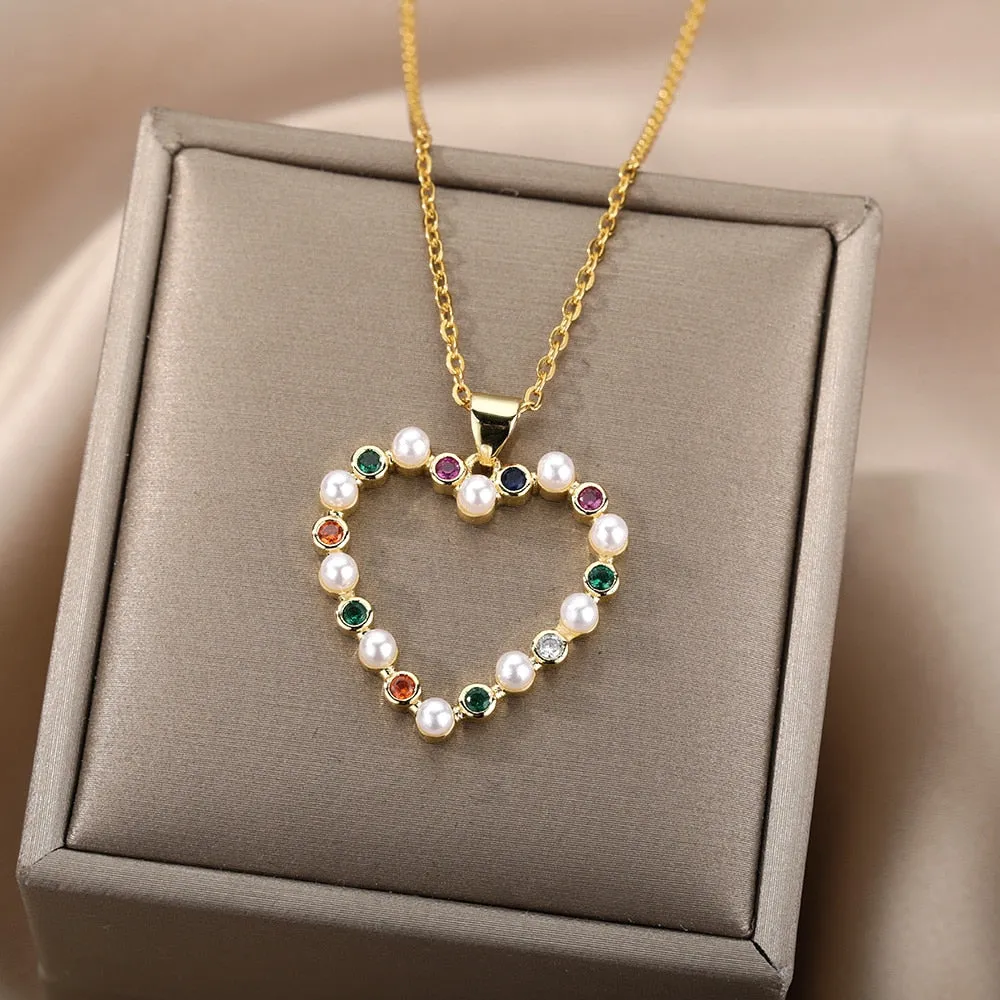 Hollow Out Peral Heart Necklace For Mother Kids Stainless Steel Chain