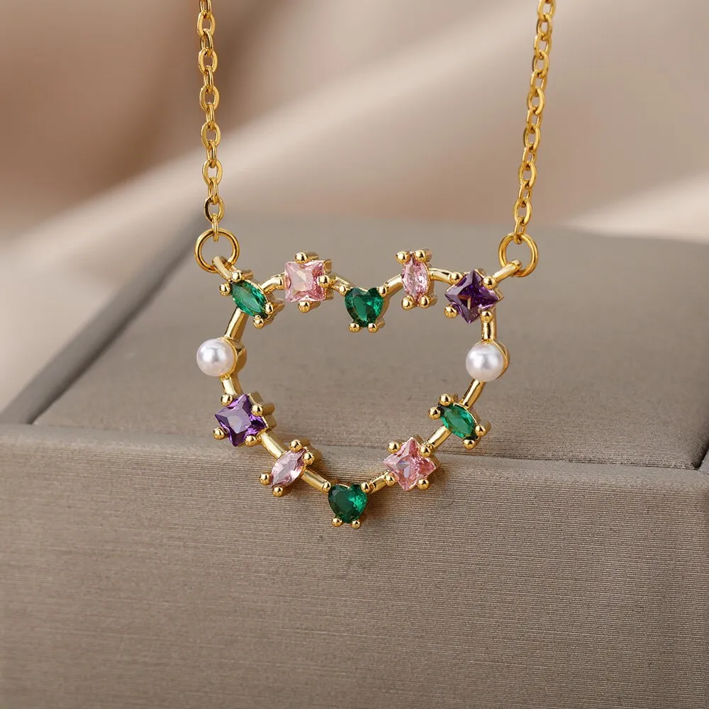 Hollow Out Peral Heart Necklace For Mother Kids Stainless Steel Chain