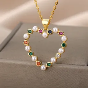 Hollow Out Peral Heart Necklace For Mother Kids Stainless Steel Chain