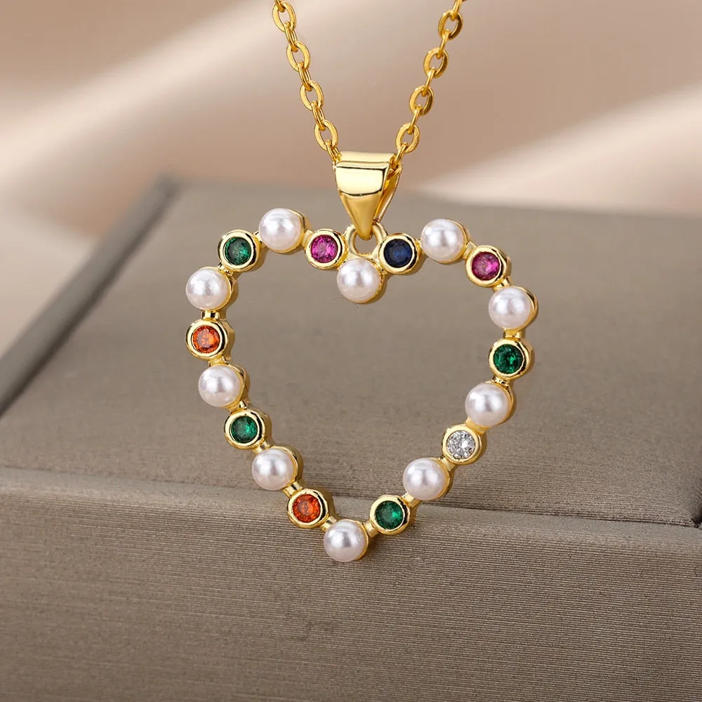 Hollow Out Peral Heart Necklace For Mother Kids Stainless Steel Chain