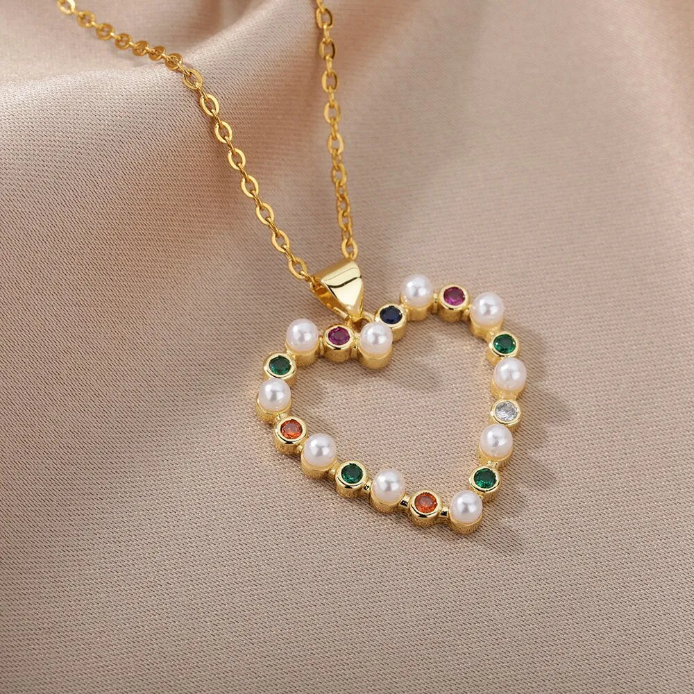 Hollow Out Peral Heart Necklace For Mother Kids Stainless Steel Chain