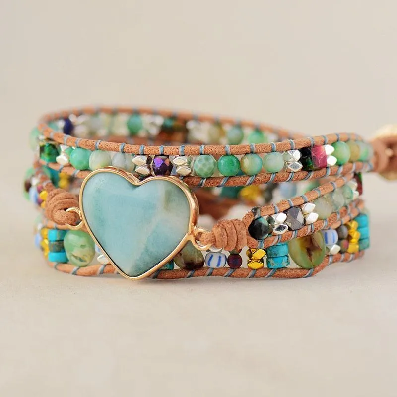 Jasper & Amazonite Heart Charm Wrap Bracelet
