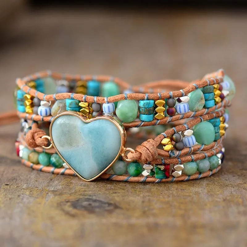 Jasper & Amazonite Heart Charm Wrap Bracelet