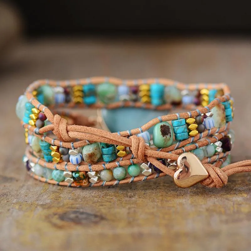 Jasper & Amazonite Heart Charm Wrap Bracelet