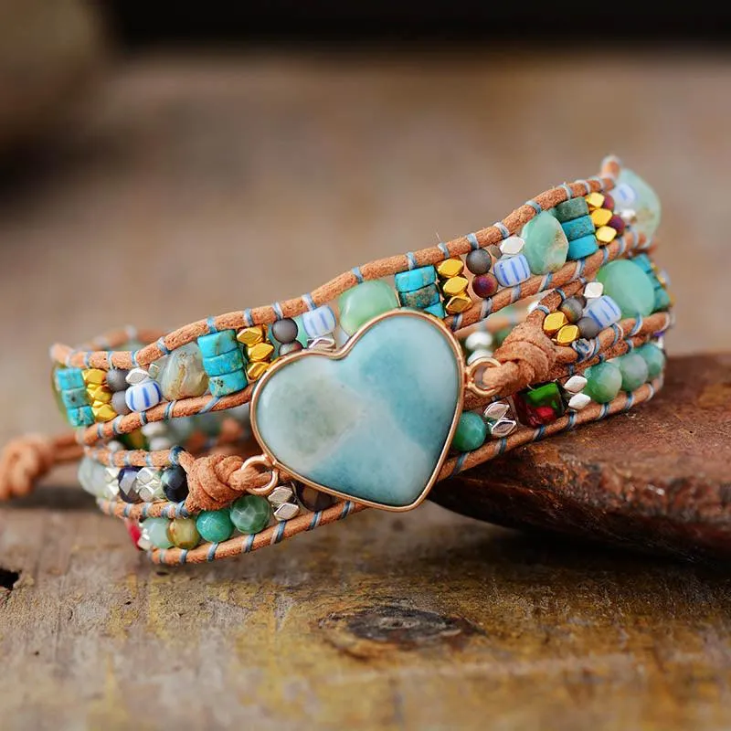Jasper & Amazonite Heart Charm Wrap Bracelet