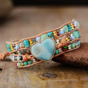 Jasper & Amazonite Heart Charm Wrap Bracelet