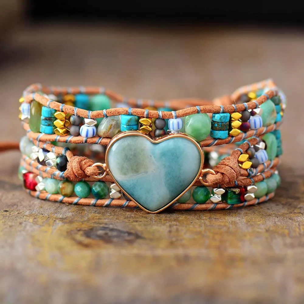 Jasper & Amazonite Heart Charm Wrap Bracelet