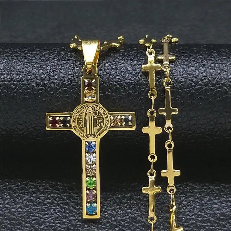 Jesus Cross Benedict Medal Pendant Necklace Women Men Stainless Steel Gold Color Chain