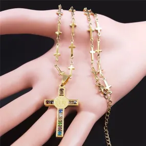 Jesus Cross Benedict Medal Pendant Necklace Women Men Stainless Steel Gold Color Chain