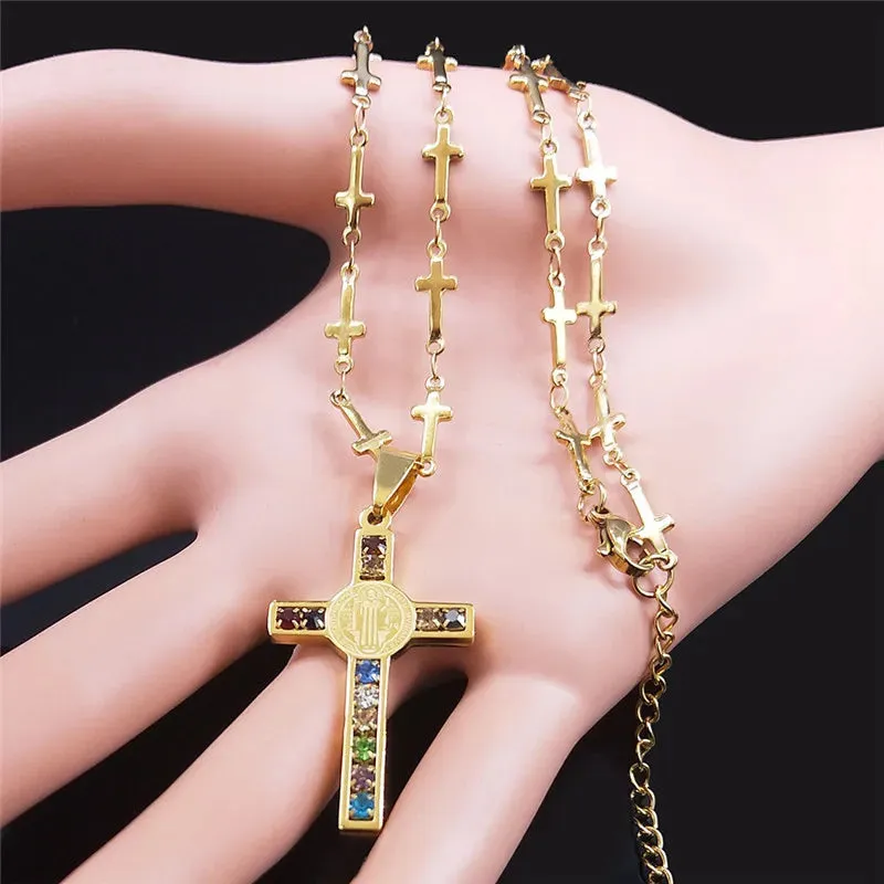 Jesus Cross Benedict Medal Pendant Necklace Women Men Stainless Steel Gold Color Chain