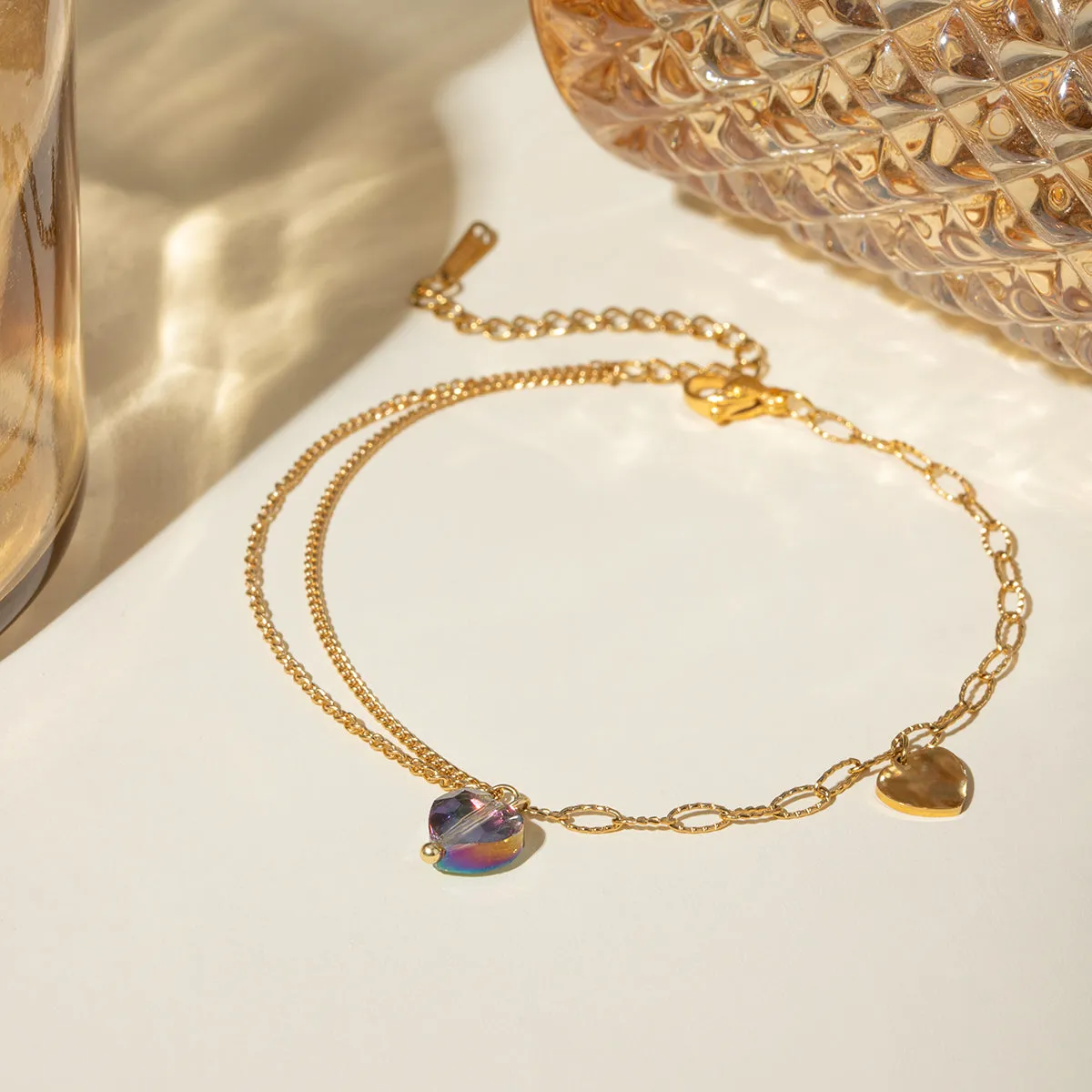Kesley Stainless Steel Synthetic Crystal Heart Anklet Bracelet
