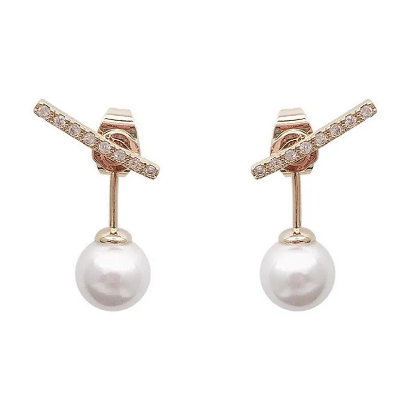 Korean Crystal Line Metal Pearl Stud Earrings