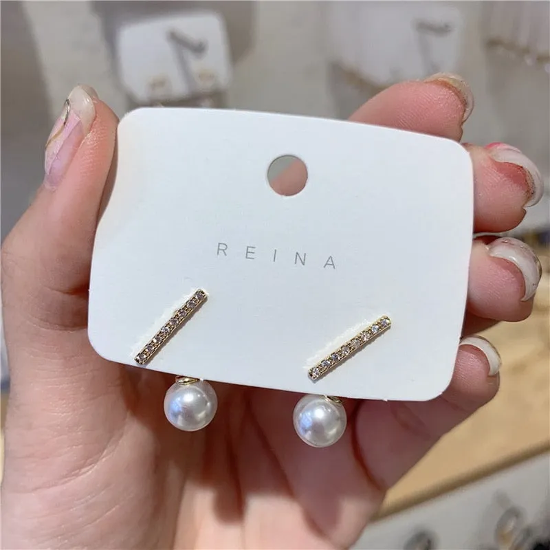 Korean Crystal Line Metal Pearl Stud Earrings