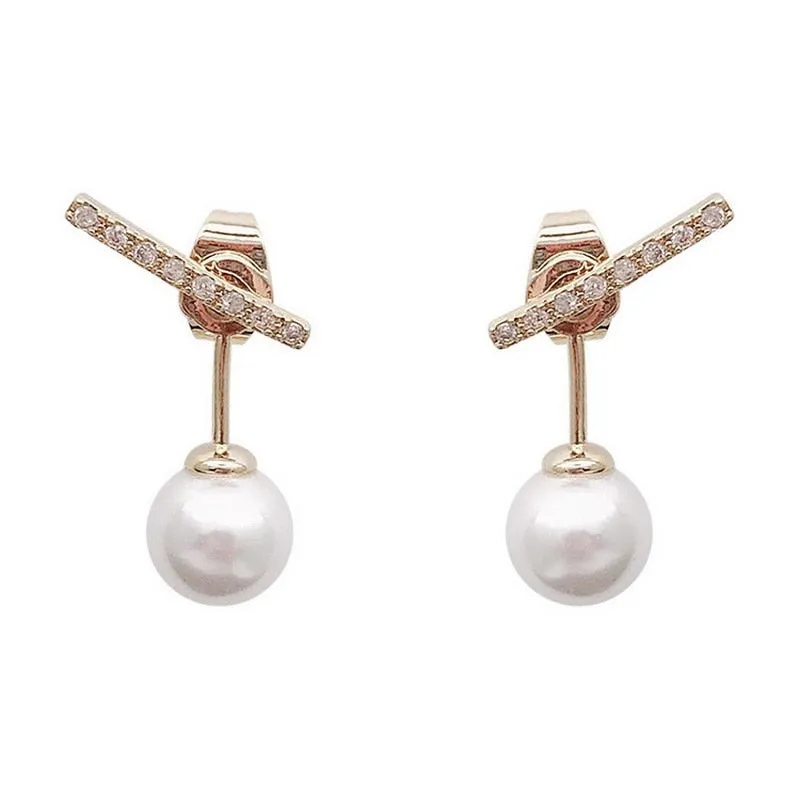 Korean Crystal Line Metal Pearl Stud Earrings