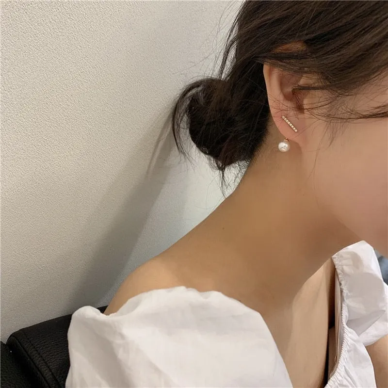 Korean Crystal Line Metal Pearl Stud Earrings