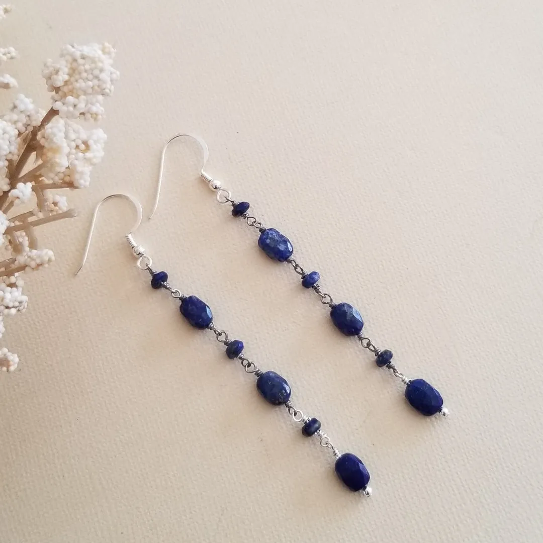 Lapis Lazuli Earrings, Long Gemstone Chain Earrings