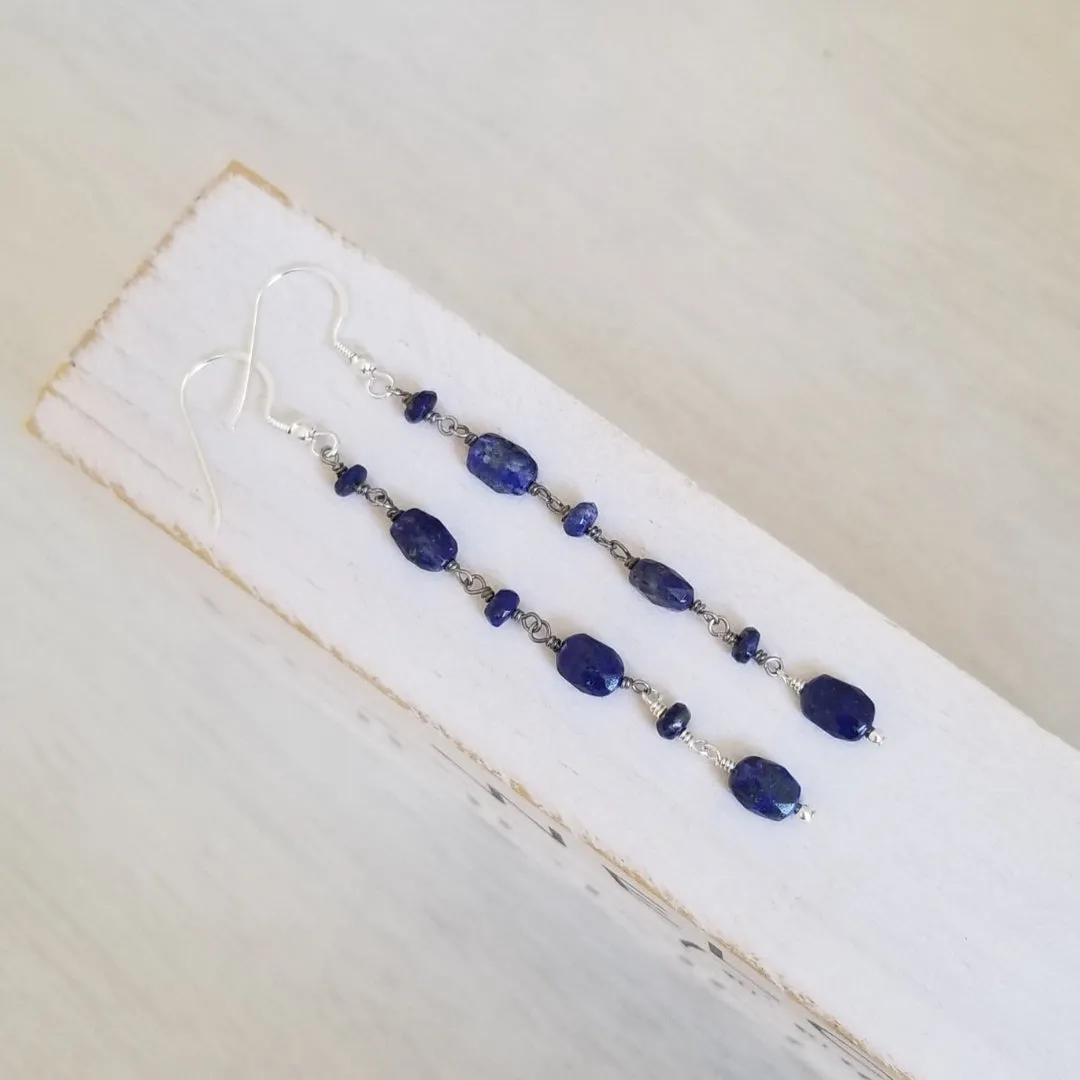 Lapis Lazuli Earrings, Long Gemstone Chain Earrings