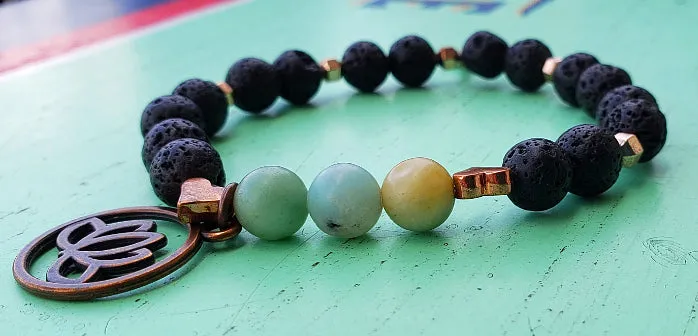 Lava Stone-Amazonite Diffuser Handmade Stretch Band Copper-Lotus Charm-Yoga Beads