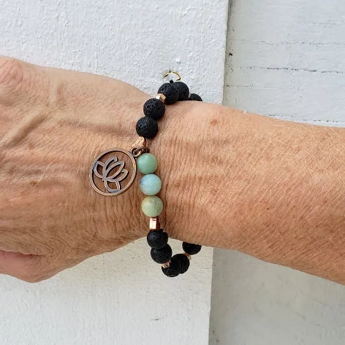 Lava Stone-Amazonite Diffuser Handmade Stretch Band Copper-Lotus Charm-Yoga Beads