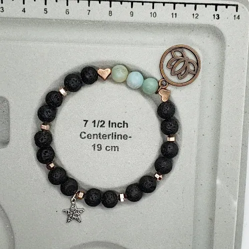 Lava Stone-Amazonite Diffuser Handmade Stretch Band Copper-Lotus Charm-Yoga Beads
