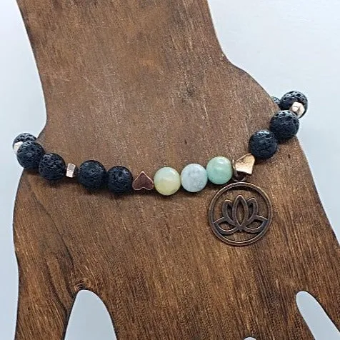 Lava Stone-Amazonite Diffuser Handmade Stretch Band Copper-Lotus Charm-Yoga Beads