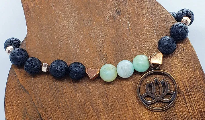 Lava Stone-Amazonite Diffuser Handmade Stretch Band Copper-Lotus Charm-Yoga Beads