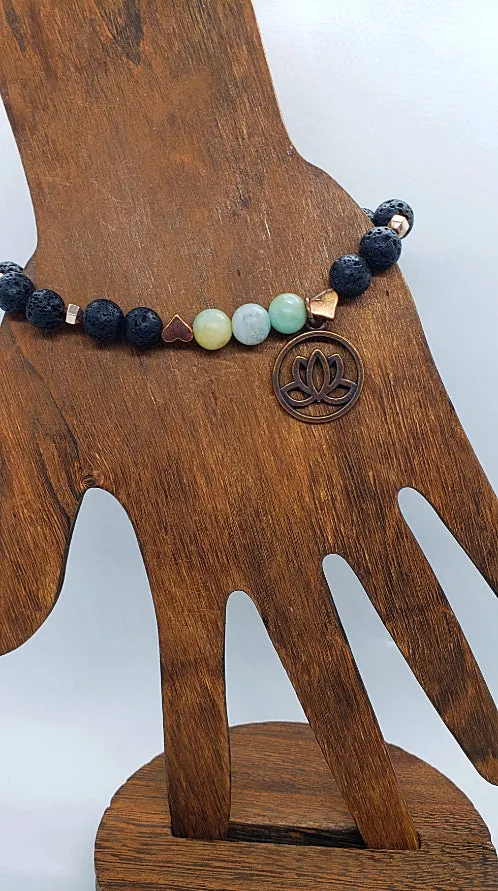 Lava Stone-Amazonite Diffuser Handmade Stretch Band Copper-Lotus Charm-Yoga Beads