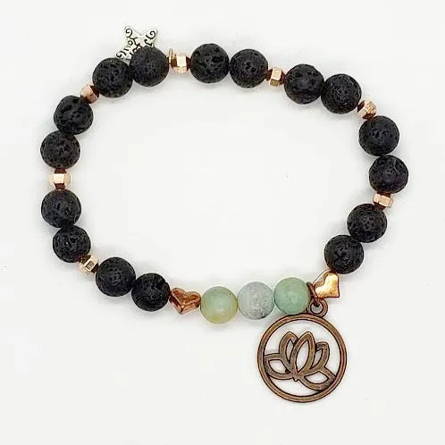 Lava Stone-Amazonite Diffuser Handmade Stretch Band Copper-Lotus Charm-Yoga Beads
