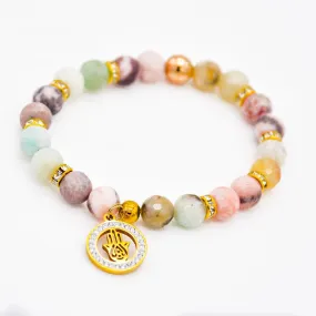 Loving Hamsa Amazonite Pink Zebra Jasper Stretch Bracelet