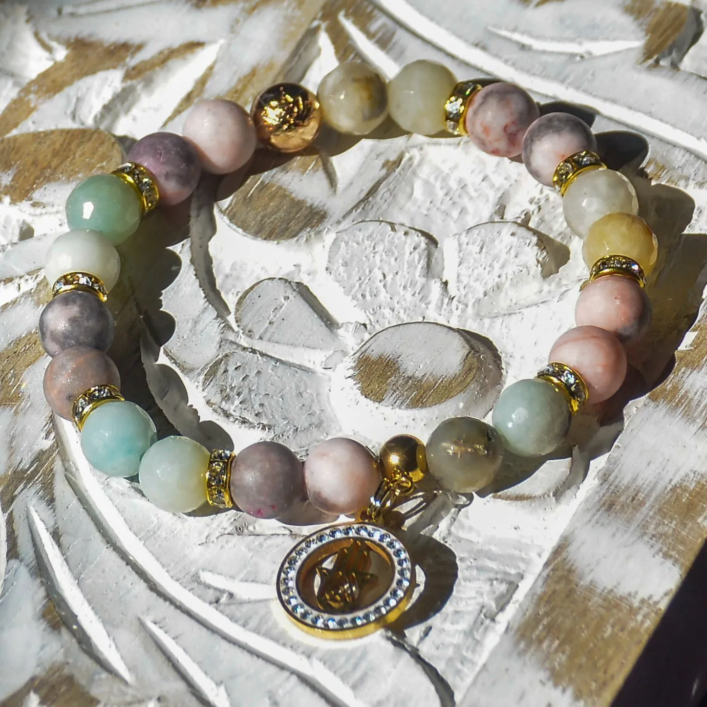 Loving Hamsa Amazonite Pink Zebra Jasper Stretch Bracelet