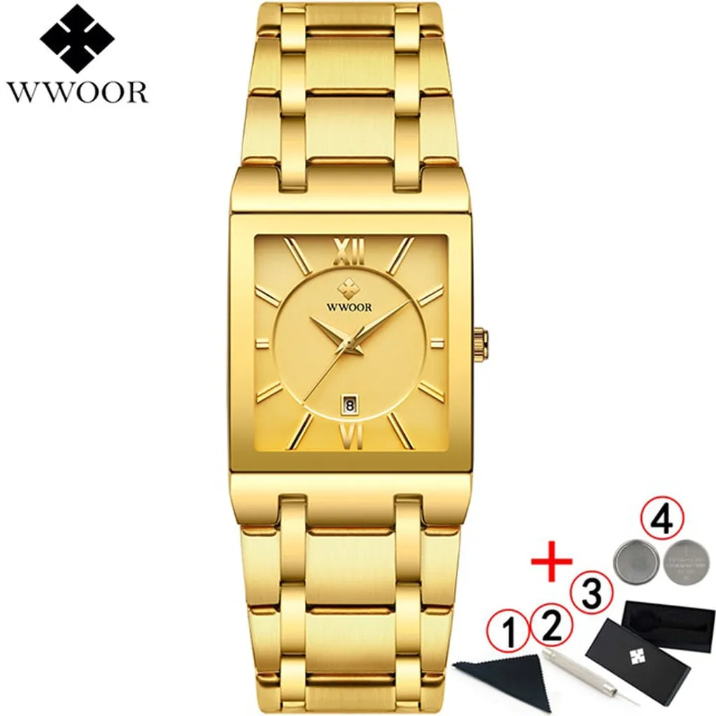 Men Watches Top Brand Luxury WWOOR Gold Black Square Quartz Watch Men 2020 Waterproof Golden Male Wristwatch Men Watches 2019