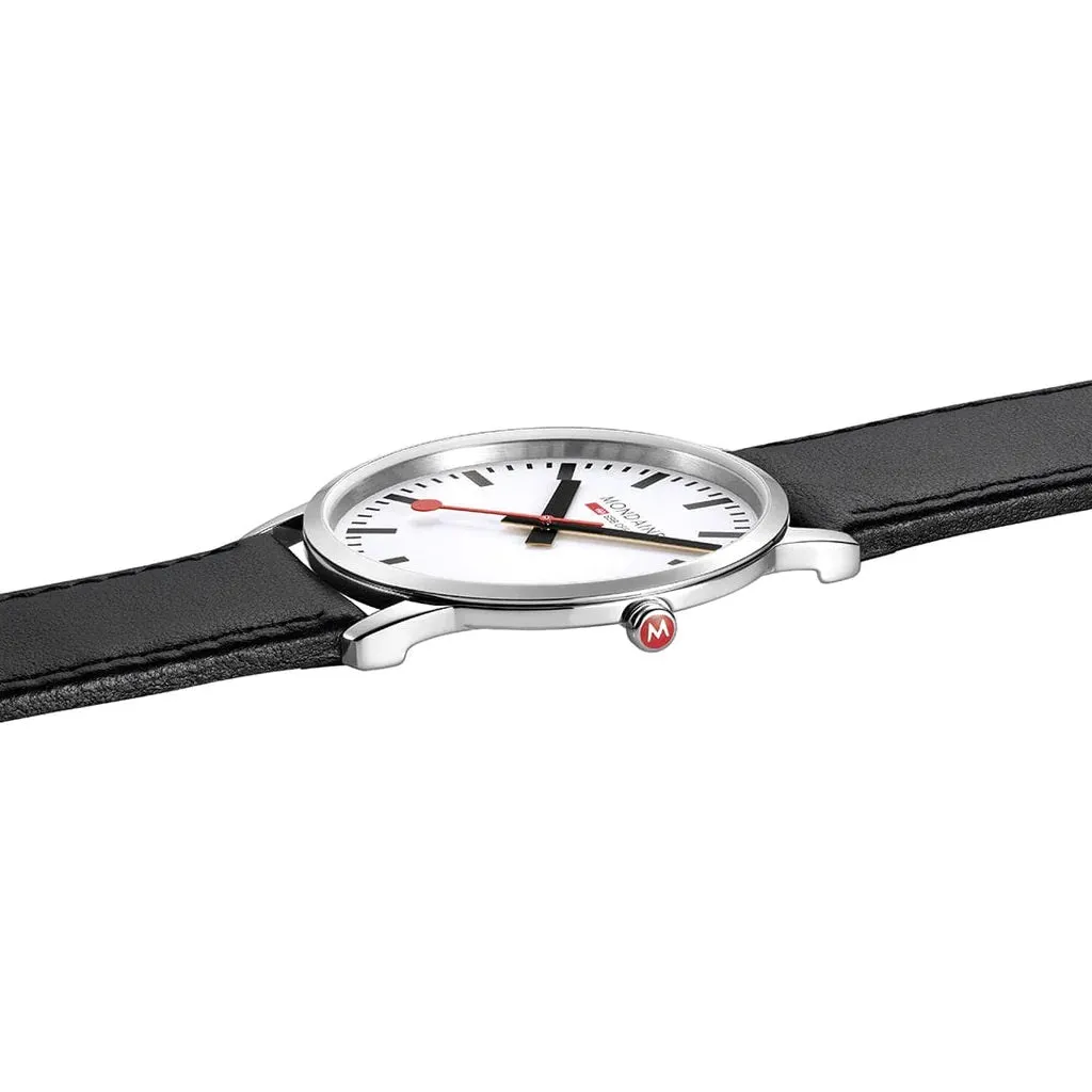 Mondaine Simply Elegant Stainless Steel Watch with Black Leather Strap