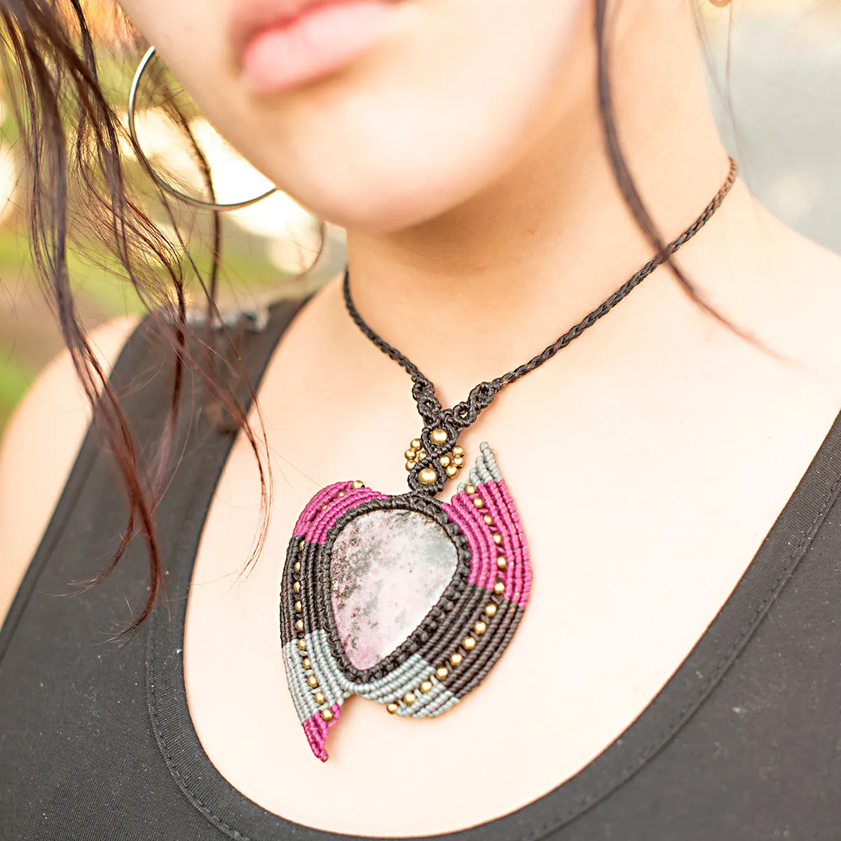 Nagini Macrame Pendant with Rhodonite Stone