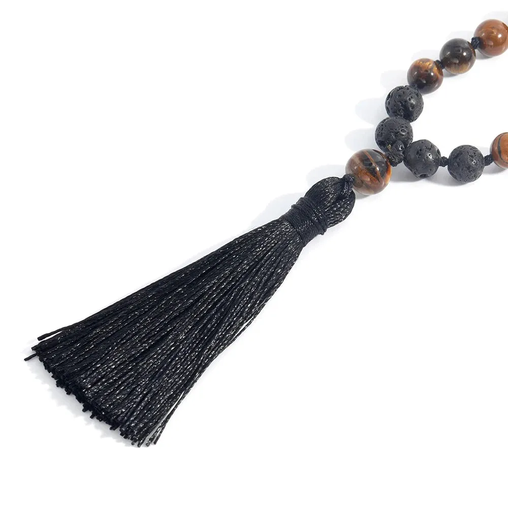 Natural Yellow Tiger Eye & Black Lava Stone Beaded Knotted 108 Mala Necklace Meditation