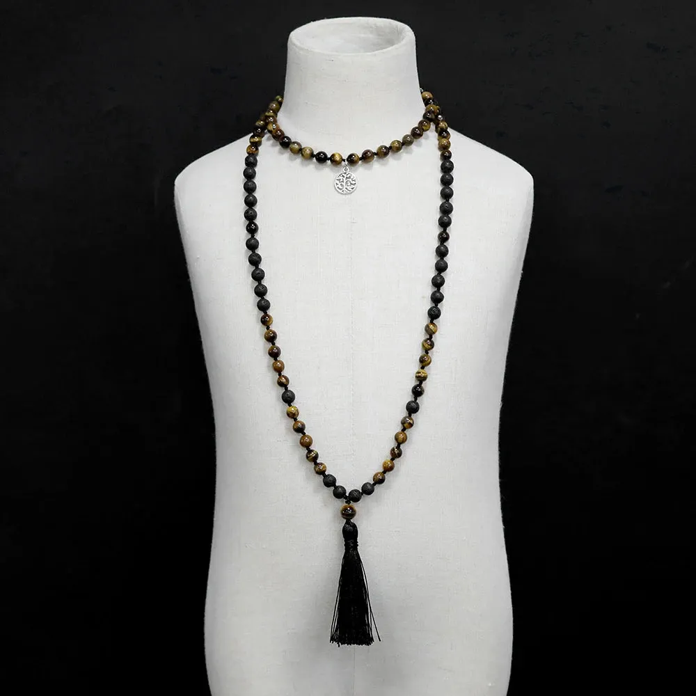Natural Yellow Tiger Eye & Black Lava Stone Beaded Knotted 108 Mala Necklace Meditation