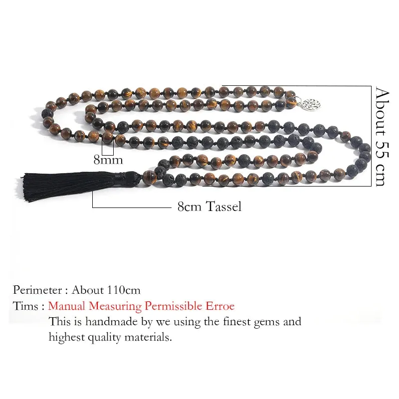 Natural Yellow Tiger Eye & Black Lava Stone Beaded Knotted 108 Mala Necklace Meditation