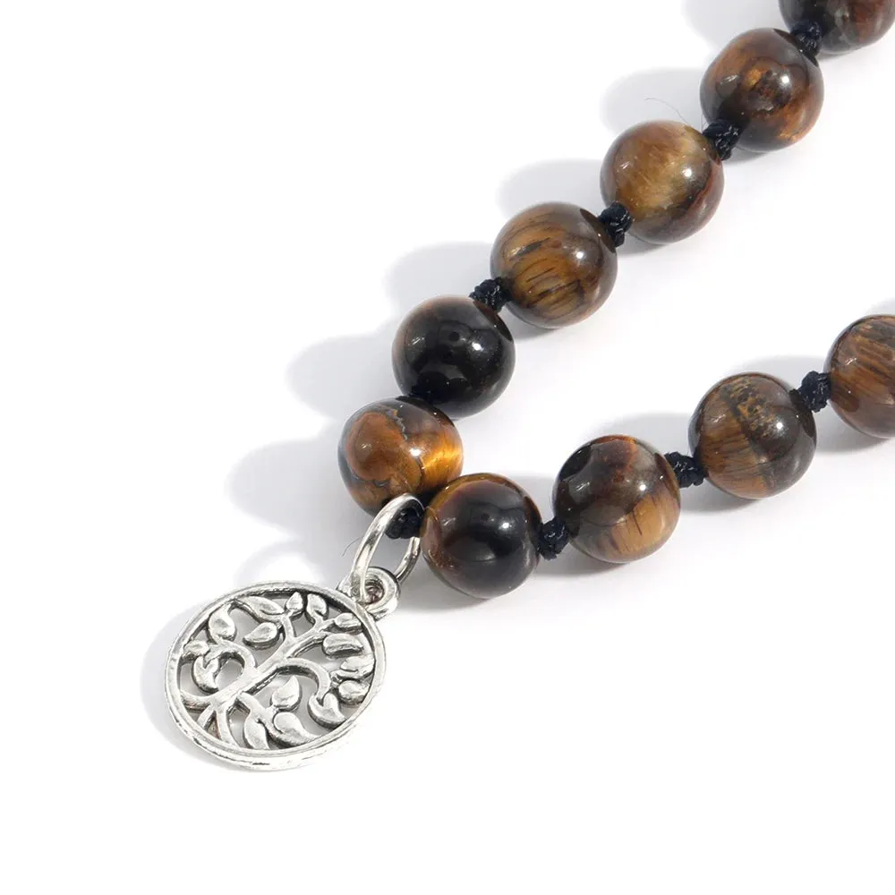 Natural Yellow Tiger Eye & Black Lava Stone Beaded Knotted 108 Mala Necklace Meditation