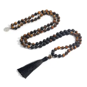 Natural Yellow Tiger Eye & Black Lava Stone Beaded Knotted 108 Mala Necklace Meditation