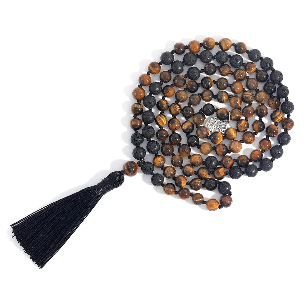 Natural Yellow Tiger Eye & Black Lava Stone Beaded Knotted 108 Mala Necklace Meditation