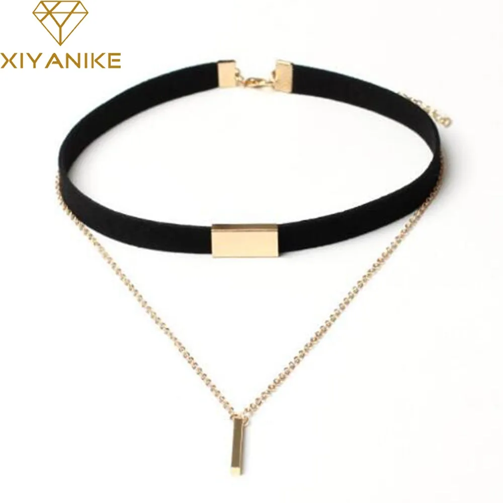 New Black Velvet Choker Necklace Gold Chain Bar Chokers Necklace