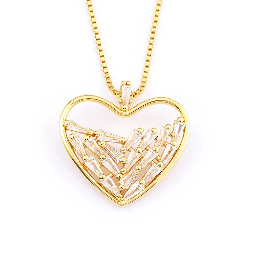New Design Heart Shape Inlaid Shiny Transparent Crystal Zircon Pendant Gold Plated Necklace