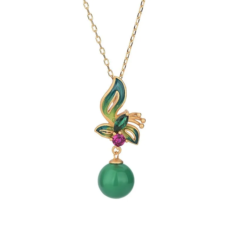 New in green butterfly crystal pendant natural Hotan jasper bead necklace