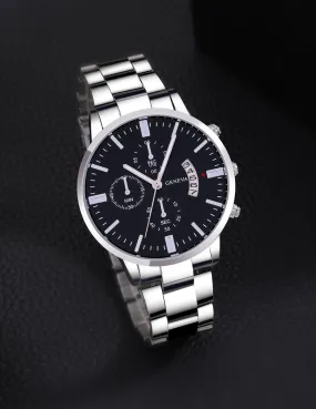 NEW Round Pointer Date Quartz Men's Watch, Silver, Black Face