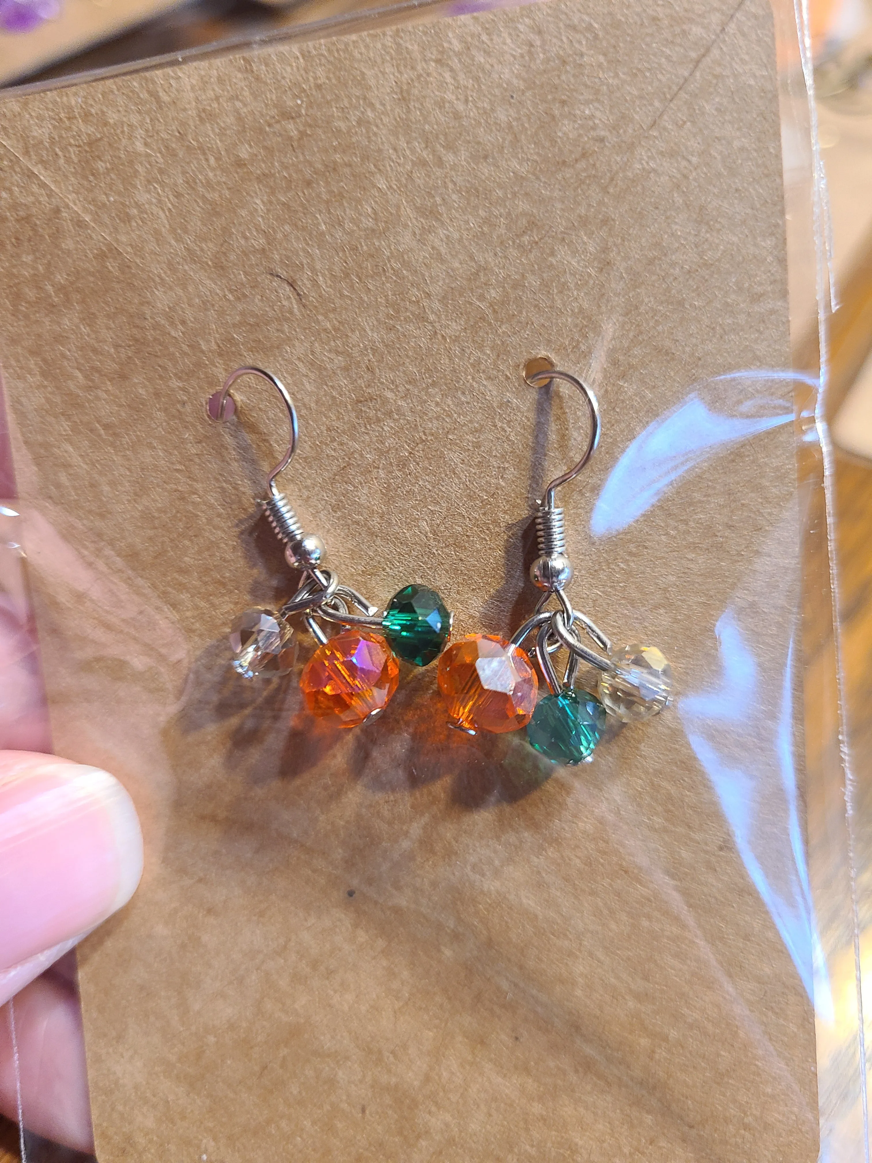 Orange and Green Crystal Waterfall Earrings, Silver