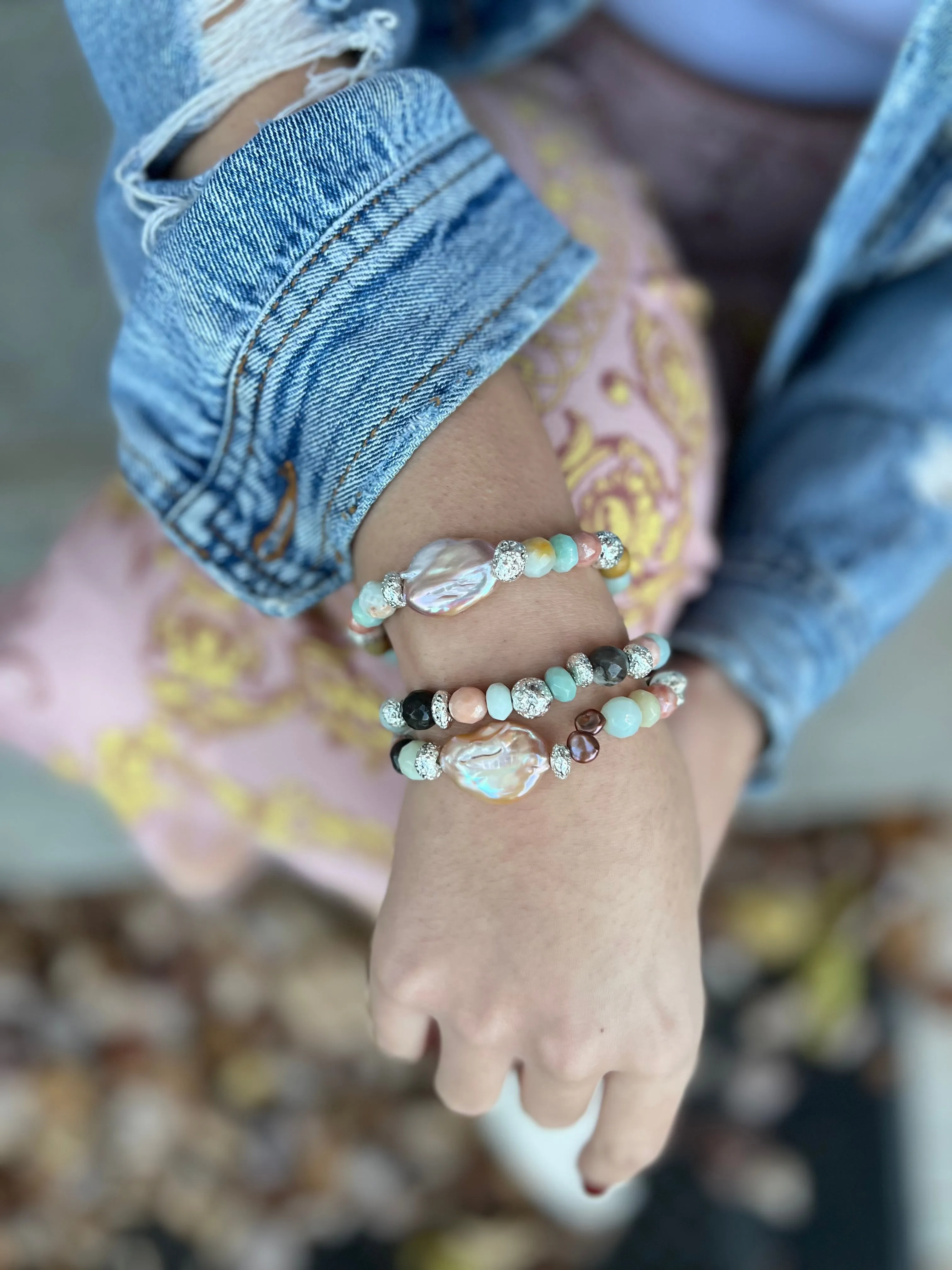 Perla Keshi Pearl Amazonite Beaded Bracelet