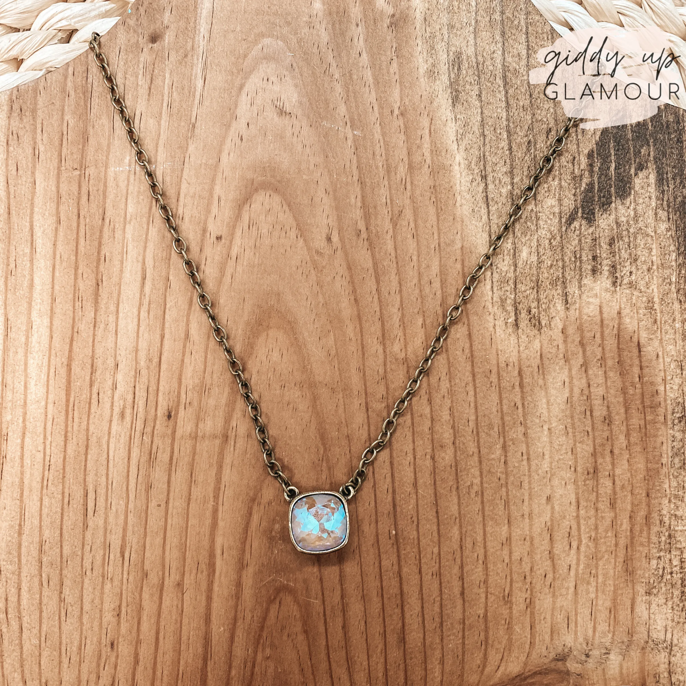 Pink Panache | Bronze Chain Necklace with Cushion Cut Crystal in Cappuccino